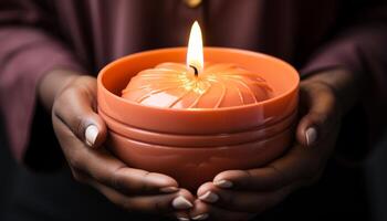 ai généré main en portant bougie, flamme embrasé, symbole de spiritualité et l'amour généré par ai photo