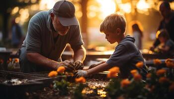 ai généré père et fils collage en plein air, plantation et apprentissage ensemble généré par ai photo