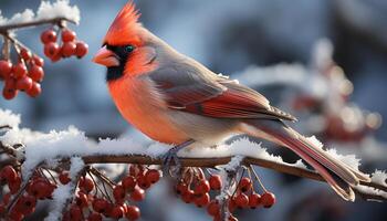 ai généré une vibrant Masculin cardinal perchoirs sur une neigeux branche généré par ai photo