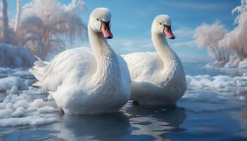 ai généré muet cygne glisse sur glacé étang, reflétant hiver beauté généré par ai photo