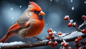 ai généré une mignonne cardinal perchoirs sur une neigeux bifurquer, entouré par la nature généré par ai photo