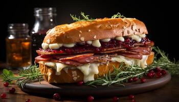 ai généré grillé du boeuf sandwich sur pain ciabatta, Frais tomate, et salade généré par ai photo