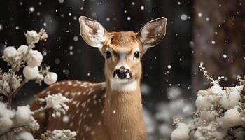 ai généré mignonne biche à la recherche à caméra dans neigeux forêt généré par ai photo