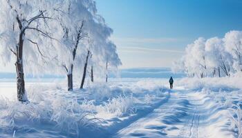ai généré un la personne en marchant dans le neigeux forêt, profiter hiver généré par ai photo