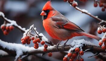 ai généré une mignonne Masculin cardinal se percher sur une neigeux branche généré par ai photo