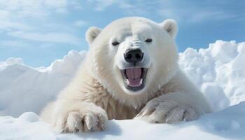 ai généré mignonne samoyède chiot en jouant dans le neigeux Arctique en plein air généré par ai photo