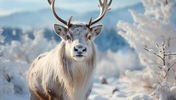 ai généré mignonne cerf dans hiver forêt, à la recherche à caméra, neigeux paysage généré par ai photo