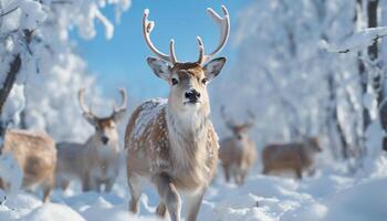 ai généré mignonne cerf dans hiver forêt, à la recherche à caméra, neige généré par ai photo