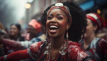 ai généré Jeune femmes dans traditionnel Vêtements dansant à une hiver parade généré par ai photo