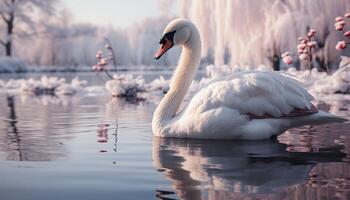 ai généré muet cygne glisse gracieusement sur tranquille étang, reflétant élégance généré par ai photo