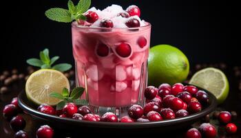 ai généré Frais fruit cocktail avec glace, menthe feuille, et framboise garnir généré par ai photo