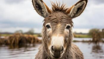 ai généré mignonne âne et chèvre pâturage dans luxuriant vert Prairie généré par ai photo