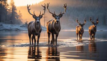 ai généré étourdissant hiver paysage cerf silhouette reflète dans tranquille l'eau généré par ai photo