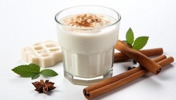 ai généré Frais Milk-shake avec chocolat, vanille, et menthe feuille garnir généré par ai photo