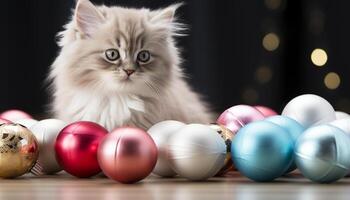 ai généré mignonne chaton en jouant avec une petit bleu balle, adorable généré par ai photo