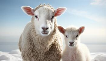 ai généré mignonne agneau pâturage dans neigeux prairie, innocence dans la nature généré par ai photo