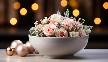 ai généré romantique mariage table avec Frais fleur bouquet et cadeau généré par ai photo