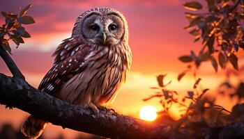 ai généré oiseau de proie se percher sur bifurquer, regarder à le coucher du soleil généré par ai photo