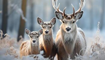 ai généré mignonne cerf famille pâturage dans neigeux prairie, hiver beauté généré par ai photo