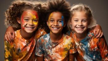 ai généré souriant filles, de bonne humeur garçons, mignonne enfant en jouant avec peindre généré par ai photo