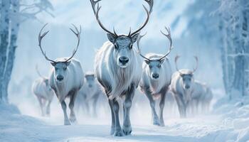 ai généré hiver paysage cerf dans neige couvert forêt, permanent dans tranquillité généré par ai photo