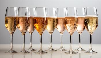 ai généré Champagne flûtes dans une ligne, une fête de luxe généré par ai photo