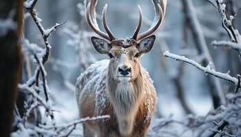 ai généré une mignonne cerf regards à le caméra dans neigeux forêt généré par ai photo