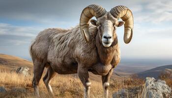 ai généré Grosse corne mouton pâturage dans le Montagne prairie, mettant en valeur force et beauté généré par ai photo