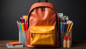 ai généré retour à école étudiant en train d'étudier avec coloré livres et des crayons généré par ai photo