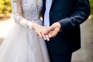 mains avec mariage anneaux. jeune marié et la mariée séance photo. photo