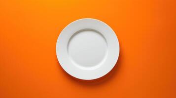 ai généré de haut en bas vue de une blanc vide assiette mis sur une vibrant Orange arrière-plan, création une frappant contraste, ai généré. photo