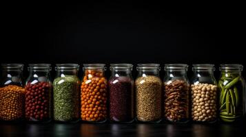 ai généré organiser votre garde-manger avec une rangé rangée de verre pots rempli avec assorti légumineuses et épices. ai généré photo