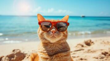 ai généré plage-cool chat salons avec fanfaronnade dans des lunettes de soleil, le exemple de félin élégant par le rive, ai généré. photo