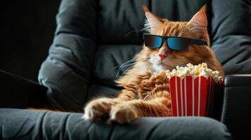 ai généré de bonne humeur Orange chat se livre dans une 3d film nuit, pop corn dans patte, perché sur une confortable noir fauteuil. ai généré. photo