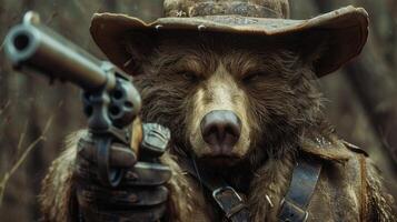 ai généré une ours dans une chapeau avec une surprenant pistolet torsion. ai généré. photo