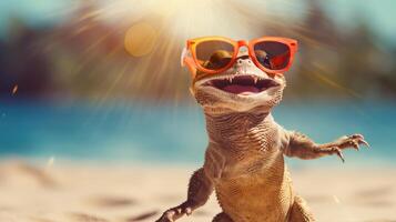 ai généré expérience le intensité de un lézard saut sur le plage dans une étourdissant fermer photo, ai généré. photo