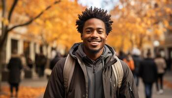 ai généré une de bonne humeur africain homme souriant, en marchant dans l'automne la nature généré par ai photo