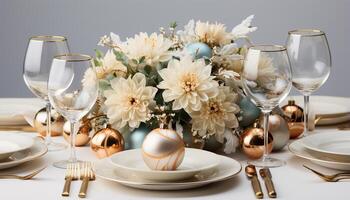 ai généré élégant table réglage avec argenterie, fleurs, et du vin des lunettes généré par ai photo