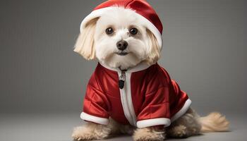 ai généré mignonne petit chiot dans hiver costume à la recherche à caméra généré par ai photo