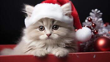 ai généré mignonne chaton séance, à la recherche à caméra, portant hiver casquette généré par ai photo