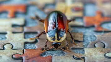 ai généré mignonne cafard absorbé dans une scie sauteuse puzzle, ajouter une capricieux touche, ai généré. photo