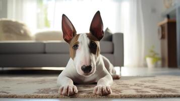 ai généré mignonne taureau terrier confortablement mensonges sur une blanc tapis, ajouter une délicieux toucher à le vivant chambre, ai généré. photo