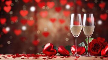 ai généré deux Champagne des lunettes et rouge des roses sur une rouge cœurs Contexte pour la Saint-Valentin journée. ai généré photo