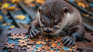 ai généré mignonne loutre absorbé dans une scie sauteuse puzzle, ajouter une capricieux touche, ai généré. photo