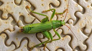 ai généré mignonne sauterelle absorbé dans une scie sauteuse puzzle, ajouter une capricieux touche, ai généré. photo