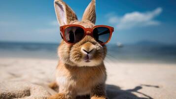 ai généré animé lapin le houblon sur le plage, sportif charmant des lunettes de soleil, une capricieux bord de mer escapade, ai généré. photo