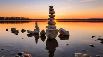 ai généré des pierres du repos dans le lac, embrassé par le doux teintes de lever du soleil dans une captivant paysage. ai généré. photo