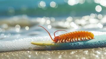 ai généré une mignonne Mille-Pattes surfeur jouit une amusant été journée à le plage, équitation vagues avec enthousiasme, ai généré. photo