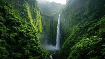 ai généré une longue rivière formes une cascade entre luxuriant vert montagnes, ai généré. photo