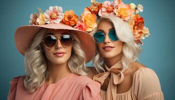 ai généré magnifique blond aux cheveux femme dans des lunettes de soleil, souriant, à la recherche à caméra généré par ai photo